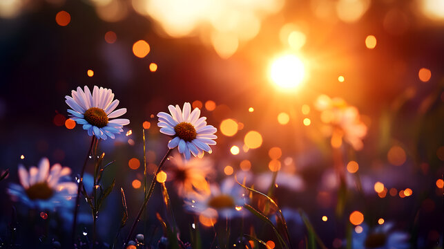 A field of wild daisies illuminated by the soft glow of a summer sunset, their petals gently swaying in the evening breeze.A field of wild daisies illuminated by the soft glow of a summer sunset, thei