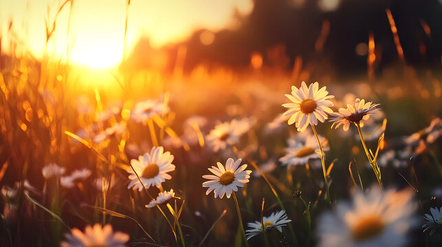 A field of wild daisies illuminated by the soft glow of a summer sunset, their petals gently swaying in the evening breeze.A field of wild daisies illuminated by the soft glow of a summer sunset, thei