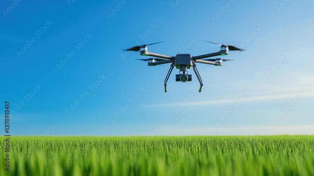 Poster high-tech agricultural drone hovering over a vast green field, equipped with multiple sensors