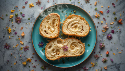Warm Bread Slices with Dried Flowers on Teal Plate