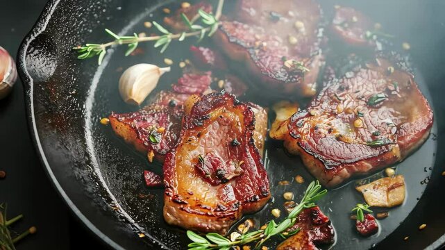 Crispy bacon frying in a cast iron pan with garlic and fresh herbs for a flavorful breakfast, Crispy bacon frying in cast iron pan with garlic and fresh herbs Culinary cooking concept