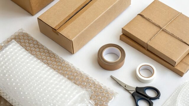Top view of eco-friendly packaging materials including cardboard boxes, bubble wrap, tape, scissors, and twine on a white background.
