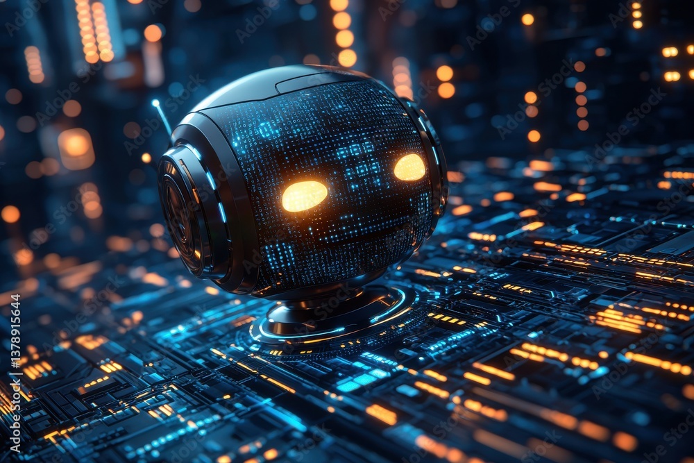 Poster futuristic robot head on a glowing circuit board with digital patterns