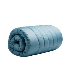 A comforting, rolled-up teal comforter promising cozy warmth and peaceful sleep, softly lit against a white background.