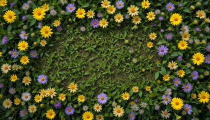 Vibrant Yellow And Purple Flowers Bordering Green Grass