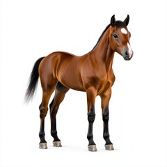 Obraz premium Majestic brown horse standing gracefully in a serene natural setting with vibrant green grass and clear blue sky