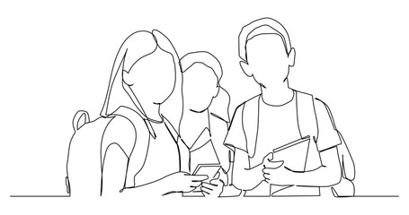 Continuous line drawing of three standing school kids with books.
