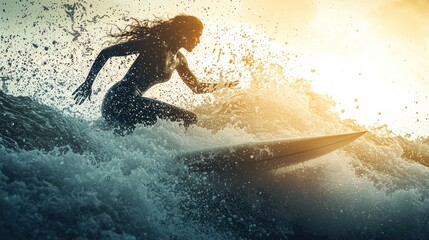 Sunset Surf Session: A Female Surfer Rides a Wave with Grace and Power