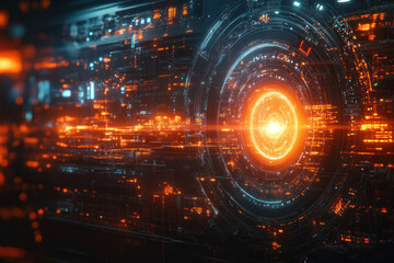 a futuristic digital interface with a bright orange core in the center, surrounded by concentric rings of light, lines and abstract data. 