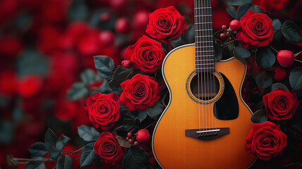 Classical guitar surrounded by red rose bush and dark green leaves. Copy space, aspect 16:9. Romantic and serene background for poster and greeting card for all kind of celebrations.