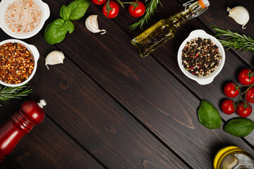 Cooking table. Background with spices and vegetables. Top view. Free space for your text.