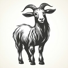 Detailed illustration of a standing goat with prominent horns and thick fur in a minimalist style