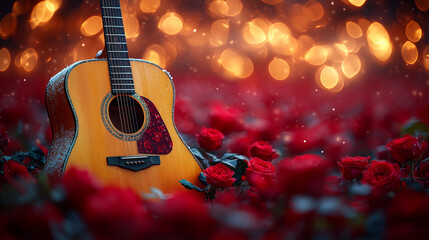 Naklejka premium Acoustic guitar surrounded by red roses against a background of warm, glowing lights. Copy space, aspect 16:9. Romantic and serene atmosphere for poster and greeting card for all kind of celebrations.