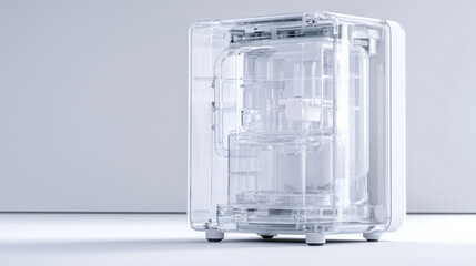 Transparent dehumidifier with visible compressor and water tank design. Modern and sleek appliance