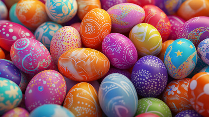 Obraz premium Colorful Easter Eggs with Hand Painted Patterns and Bright Festive Colors Perfect for Holiday Celebration Background, Spring Decoration, Greeting Card, or Christian Themed Seasonal Design