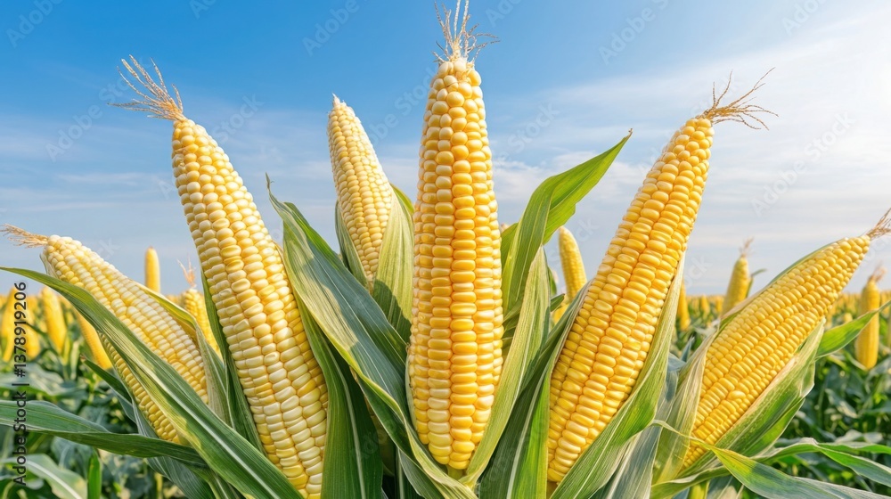 Poster a field of corn with multiple sections labeled with small research tags, showcasing different hybrid