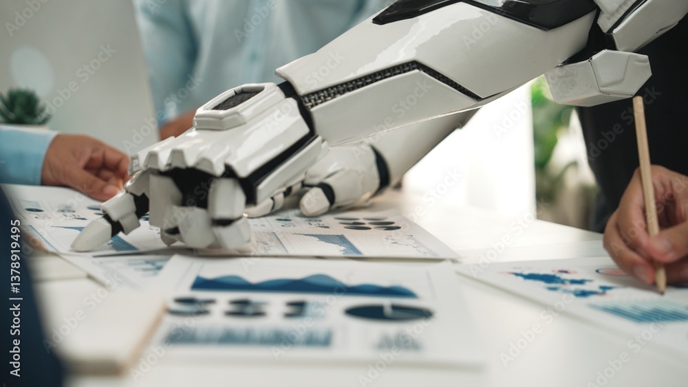 Poster a dynamic scene showcasing a robotic arm engaging with human hands while analyzing business document