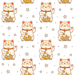 Seamless pattern with cute сartoon maneki neko on white  - funny asian background for Your kawaii design
