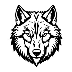 Front-facing wolf head illustration in a stylized graphic, showing detailed fur texture and piercing eyes.
