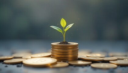 Young Green Plant Sprouting From Stacked Coins On Dark Background With Soft Lighting