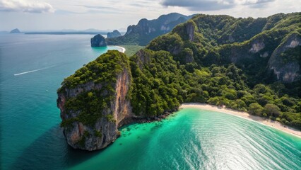 Ao Nang Beach Island Cliff Seascape Krabi Thailand Andaman Sea Travel Vacation Scenic coastal landscape with lush greenery and turquoise waters.