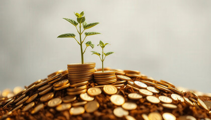Young Green Plants Growing From A Pile Of Golden Coins On A Textured Background