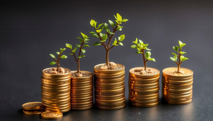 Young Green Plants Growing On Stacks Of Gold Coins Against Dark Background