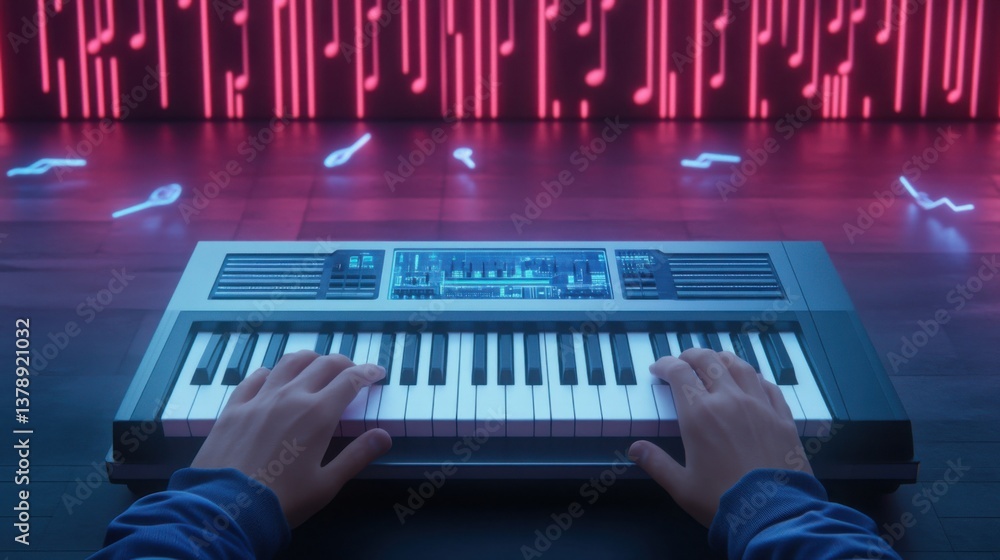 Poster a futuristic ai-powered music composer generating a new symphony on a holographic synthesizer
