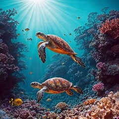Obraz premium A sea turtle swims through a colorful reef, bathed in the soft, golden light of the setting sun. Generated AI.