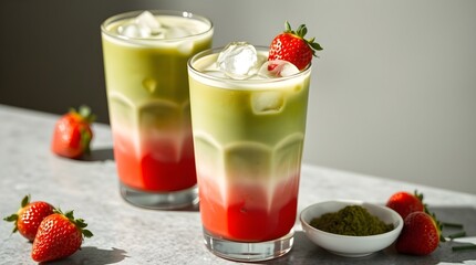 two glasses of iced strawberry matcha latte on concrete table, space for copy