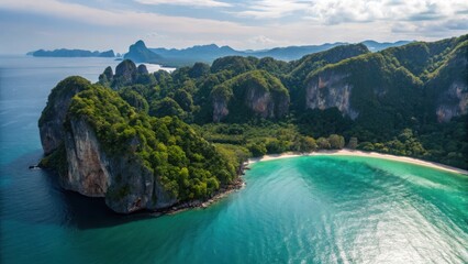 Obraz premium Ao Nang Beach Island Cliff Seascape Krabi Thailand Andaman Sea Travel Vacation Stunning aerial view of a lush, green coastline meeting crystal-clear waters under a bright sky.