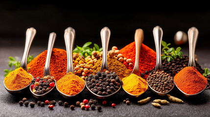 Colorful array of spices displayed in silver spoons on dark background
