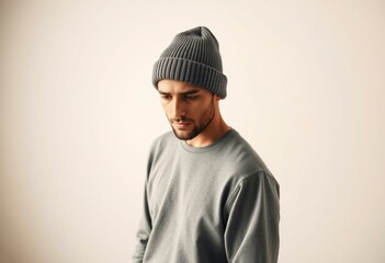 Man wearing beanie hat looking thoughtful