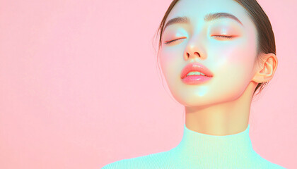 Korean model, for cosmetics brand,
aesthetics and beauty, professional studio photography. Serene expression, unique beauty, pink background.