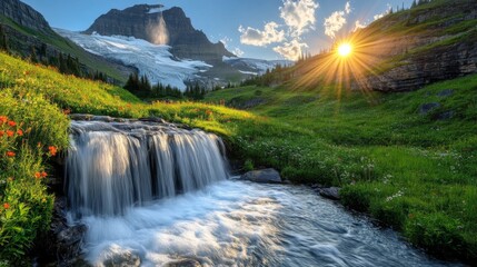 Fototapeta premium Majestic mountain waterfall at sunrise with lush greenery and snow-capped peaks