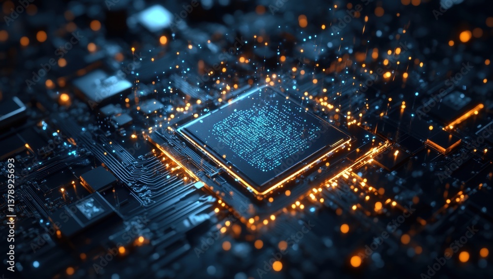 Poster advanced cpu on circuit board. illuminated microchip, complex circuit connections
