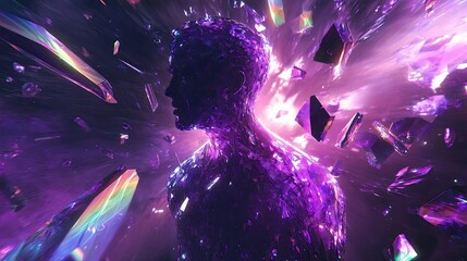 Glowing humanoid fragments appearing like shattered prisms