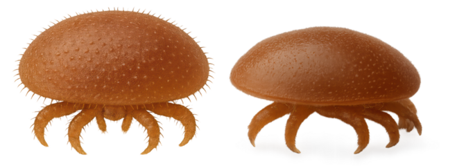 Varroa destructor, a parasitic mite, infesting honey bees, contributing to colony collapse disorder, isolated on transparent background. Side and front view