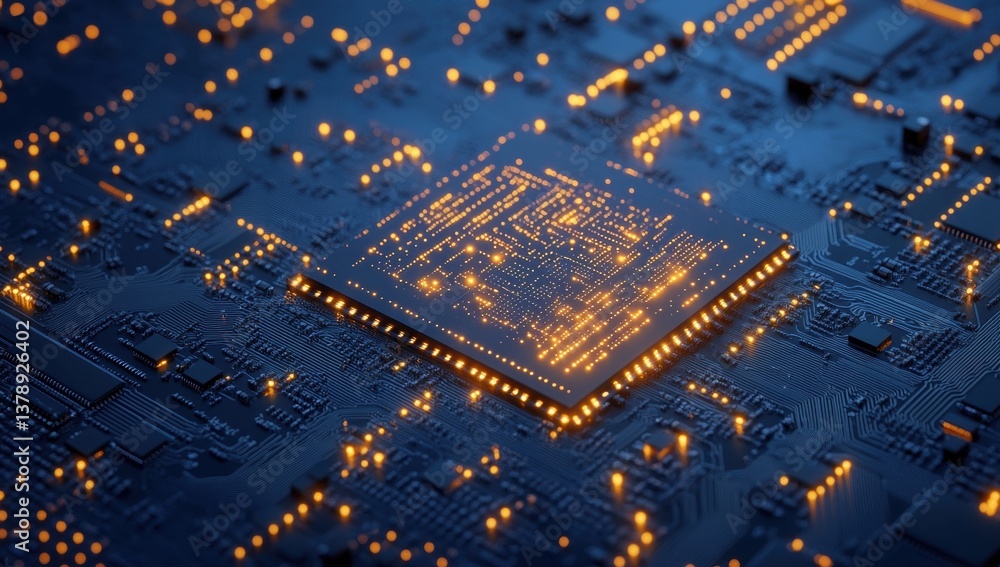 Poster high-tech circuit board with illuminated processor