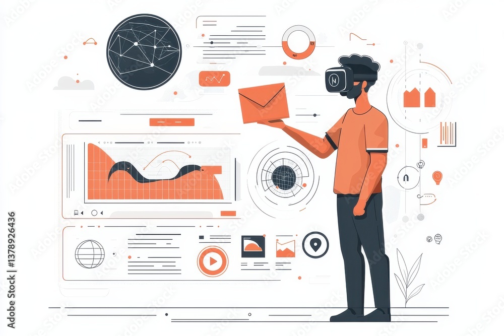 Poster virtual reality user interacting with futuristic digital analytics