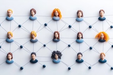 A conceptual illustration of social network connections represented by miniature figures and a web of lines.