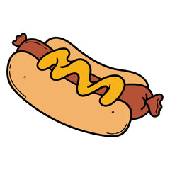 Hand drawn cartoon hot dog with mustard on white background.