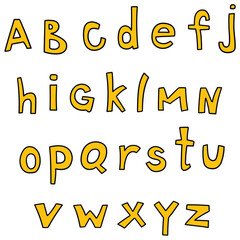 Hand drawn cartoon english orange alphabet on white background.