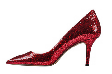 A pair of sparkling ruby red high heels with glittering sequins and a sleek silhouette showcased in radiant detail for glamorous evening fashion statements