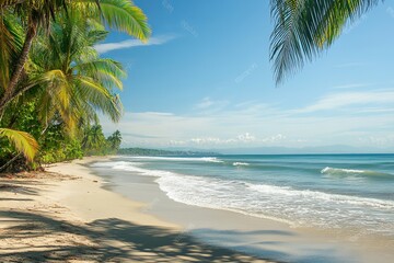 Tropical Beach Paradise Idyllic Seascape Stunning Ocean View Exotic Coastal Scene Tranquil Summer Vacation Calm Waves White Sand Palm Trees Lush      