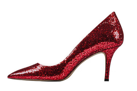 A pair of sparkling ruby red high heels with glittering sequins and a sleek silhouette showcased in radiant detail for glamorous evening fashion statements