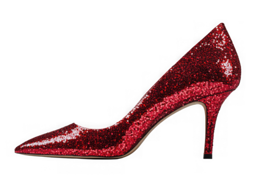 A pair of sparkling ruby red high heels with glittering sequins and a sleek silhouette showcased in radiant detail for glamorous evening fashion statements