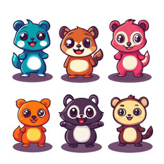 Fototapeta premium Collection of six colorful cartoon animal characters with big eyes and smiling faces on a transparent background vector Concept of cute, playful, and cheerful design elements