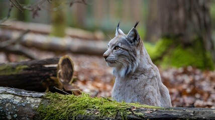 Obraz premium Lynx Sitting on Mossy Log in Forest