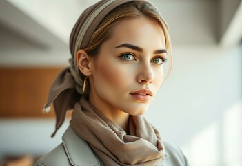 Fototapeta premium Photorealistic portrait of a woman with a scarf wrapped around her hair